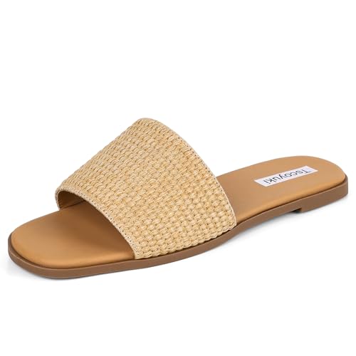 Tscoyuki Slides Sandals for Women Basic Slip On Flat Sandals Open Toe Comfort Beach Sandals Slippers for Casual Dressy Summer