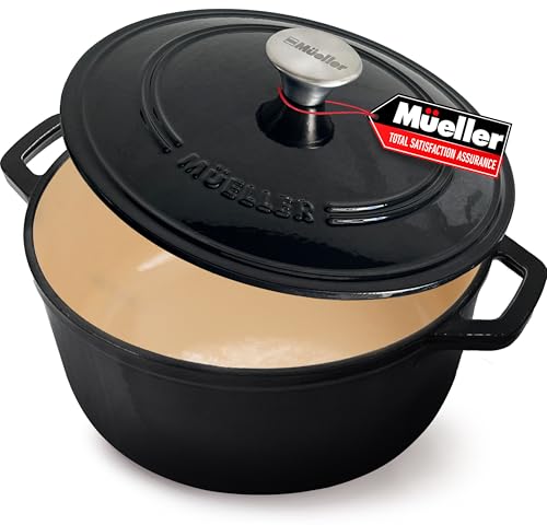 Mueller 6qt Enameled Cast Iron Dutch Oven, Heavy-Duty Casserole and Braiser Pan with Lid and Knob, Oven-Safe up to 500° F & Across All Cooktops, White