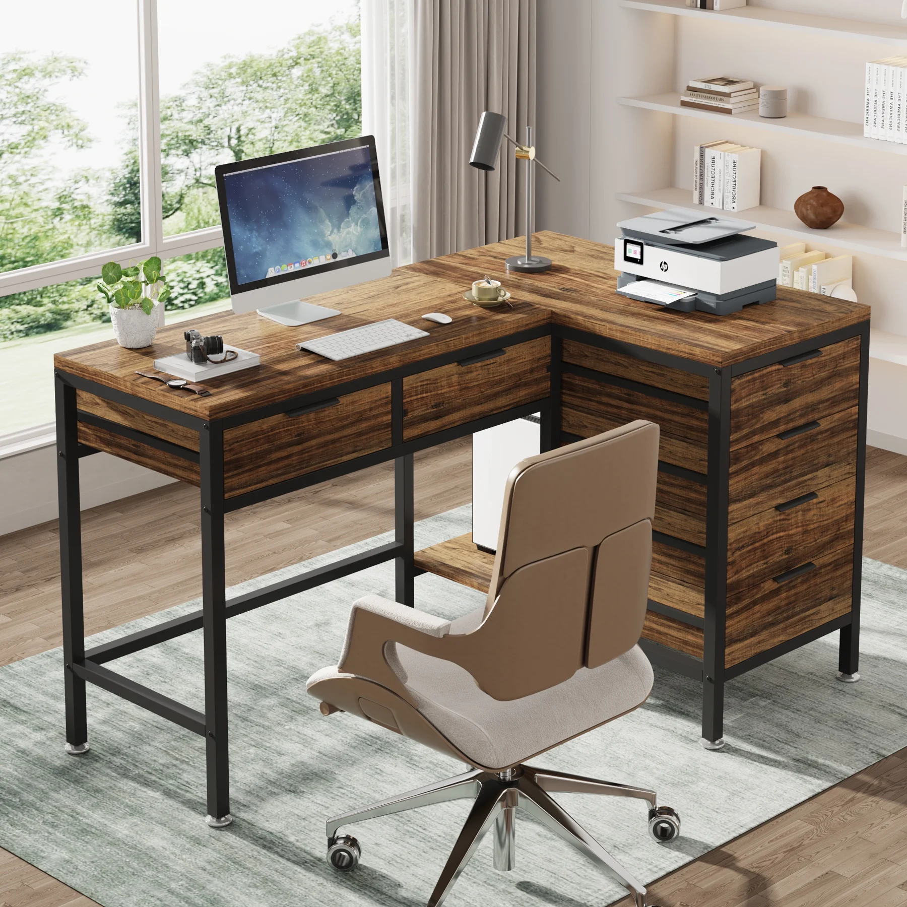 Tribesigns L-Shaped Desk with 6 Drawers, 47 in. Computer Corner Desk with CPU Storage Stand, Home Office Writing Desk Space-Saving Workstation Table