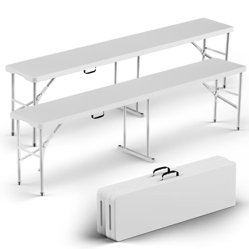 HLPB Folding Bench 6 ft, Foldable Plastic Bench with Handle and Smooth HDPE Tabletop, Protable in/Outdoor Picnic Party Camping Dining Seat, 2 Pack, White
