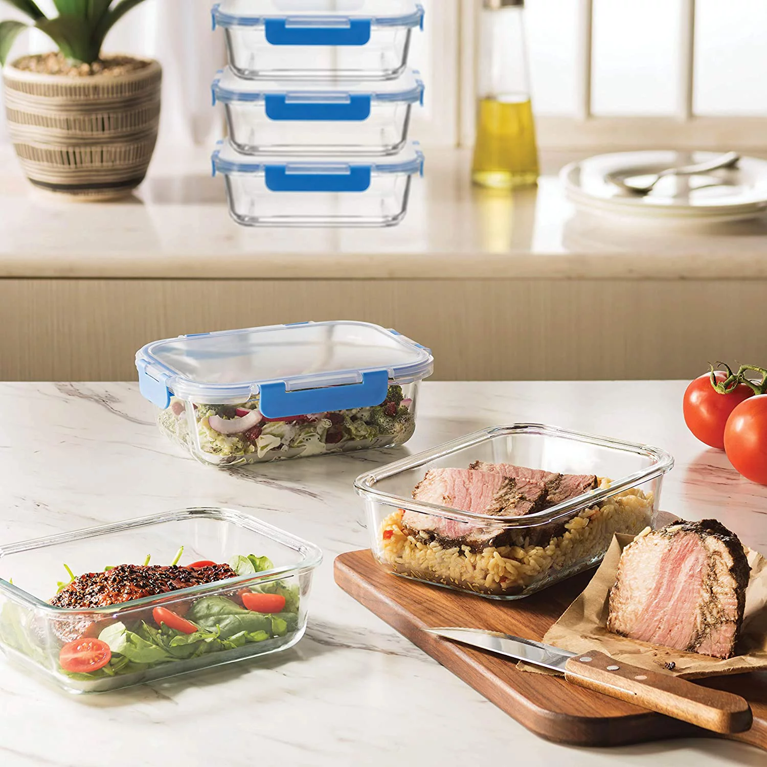 Glass meal prep containers 6 pack 35oz airtight with locking lids 100% leak proof