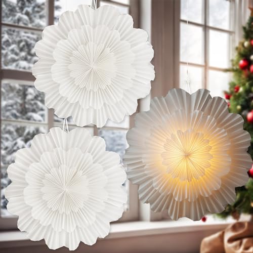 3 Pcs 15.7 Inch Christmas Paper Snowflake Lantern Set 3D Paper Star Lanterns LED Lights Winter Party Hanging Decoration White Hanging Lamp Ornaments Xmas New Year (Classic Style)