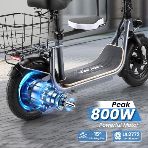 Caroma Peak 500W/800W/1200W Electric Scooter with Seat, 30 Miles Max Range Electric Scooter Adults&Teens, 48V Large Battery, 20MPH Top Speed Foldable Ebike, Adjustable E-Bike with Basket&Kid Seat