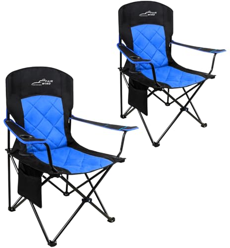 FAIR WIND 2 Pack Oversized Fully Padded Camping Chair Heavy Duty Quad Fold Arm Chair Support 350 LBS with Cup Holder, Collapsible Lumbar Back Chair Portable for Outdoor, Black