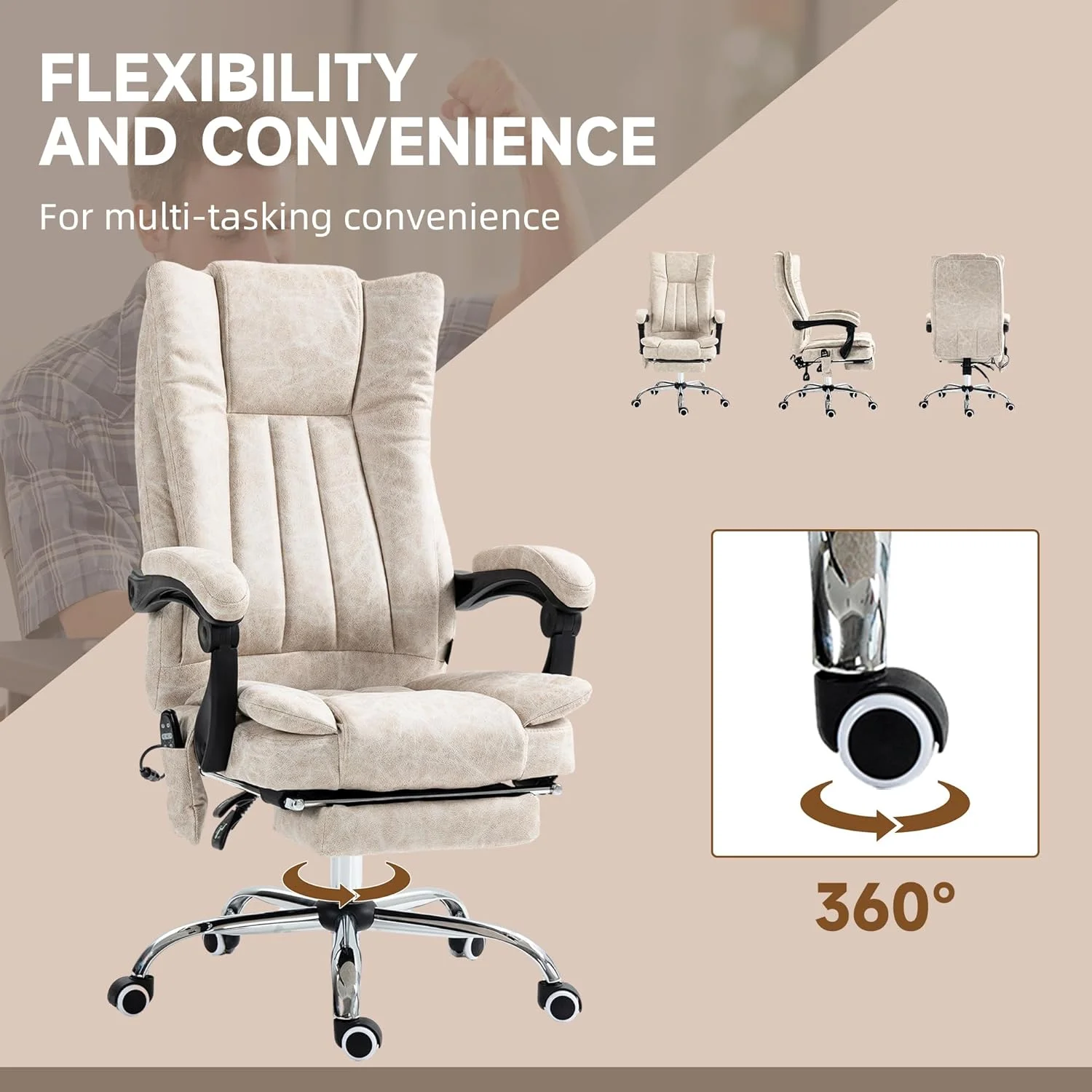 Microfiber Office Chair, High Back Computer Chair With 6 Point Massage, Heat, Adjustable Height And Retractable Footrest, Cream White