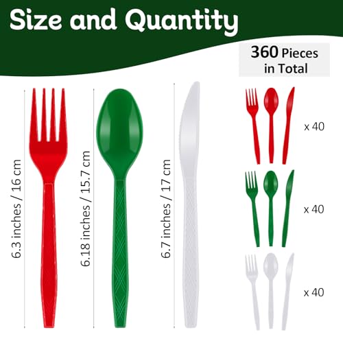 360 Pcs Christmas Silverware Disposable Flatware Cutlery - Red, Green, White Forks, Knives and Spoons Set - Plastic Serving Silverware for Holiday Party Supplies
