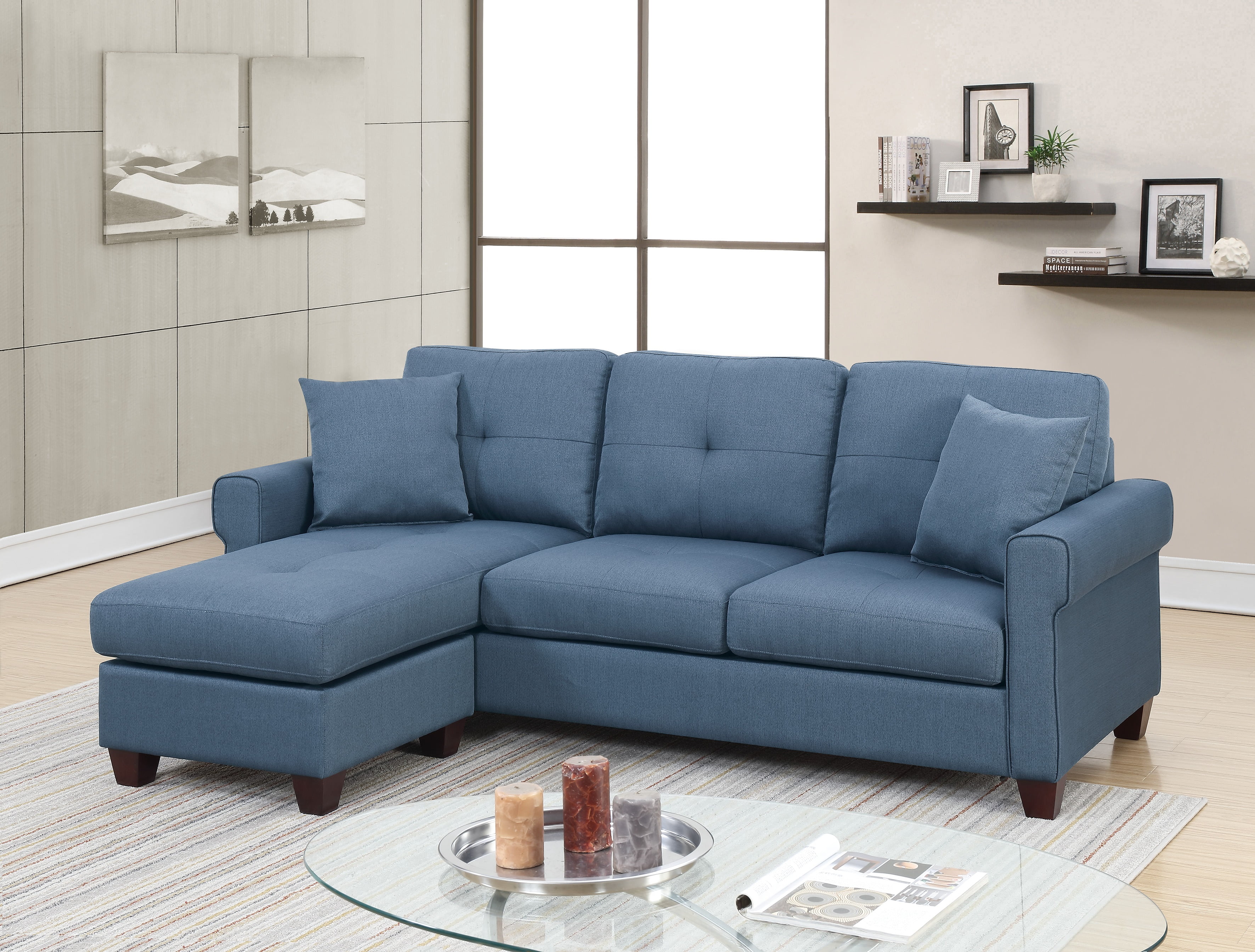 Modern Reversible Sectional Blue Glossy Polyfiber Classic Tufted Couch Sofa Chaise Pillows Living Room Furniture