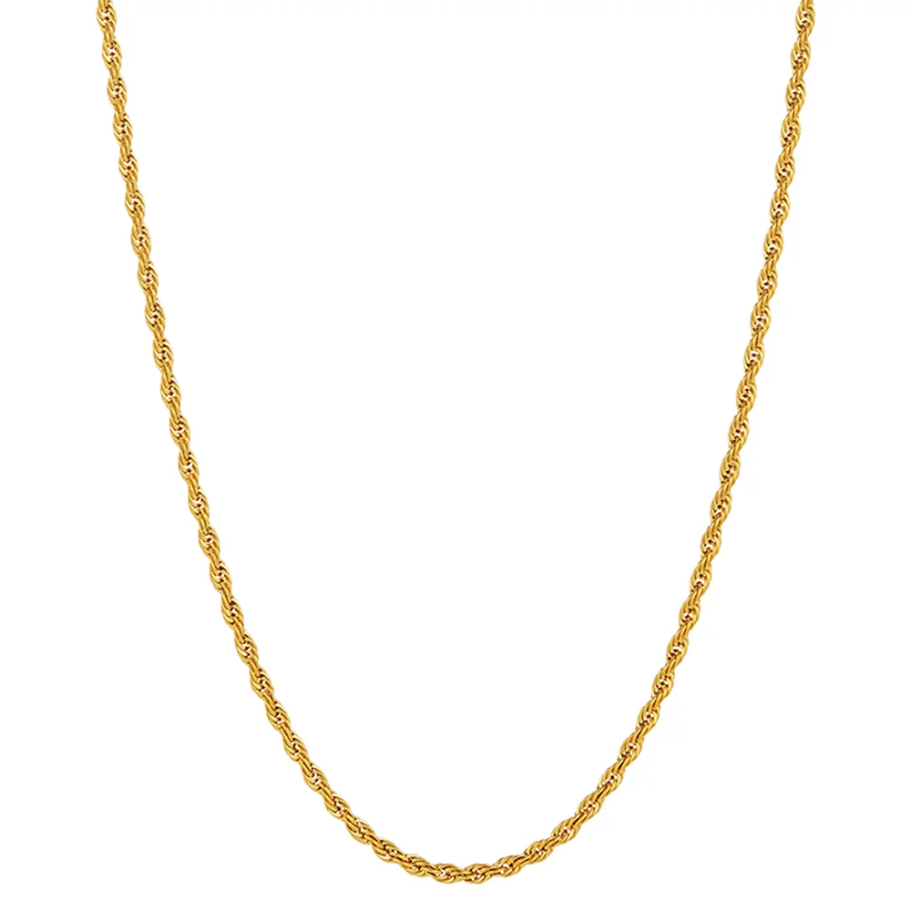 3mm 24k Yellow Gold Plated Stainless Steel Twisted Rope Chain Necklace, 22 inches + Gift Box