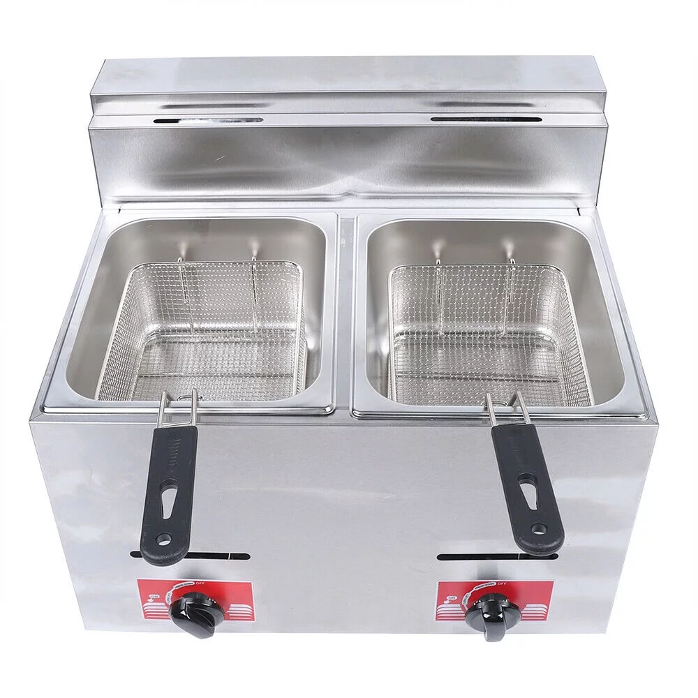 Miumaeov 2 Tanks Commercial Stainless Steel Deep Fryer, 12L Two Basket Low Pressure Gas Fryer, Double Cylinder Double Sift Gas Fryer, for Home Restaurants Chicken Wings Chips Frying