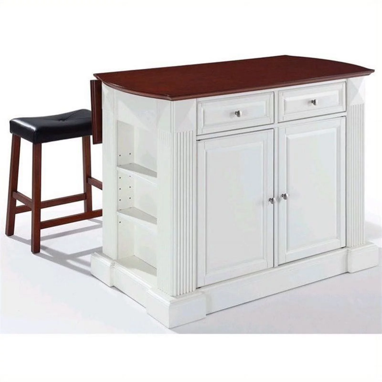 Pemberly Row Wood Drop Leaf Breakfast Bar Kitchen Island with Stools in White