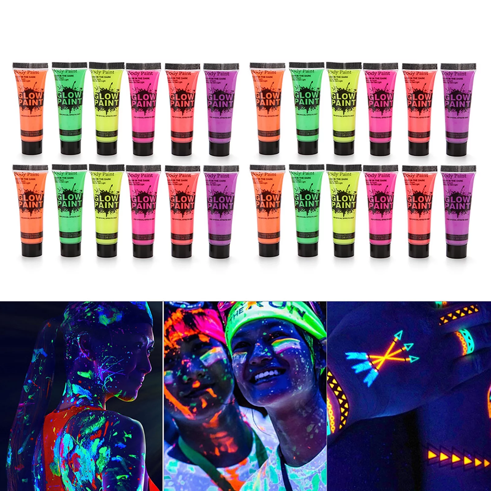 OWSOO 24 Tubes 10ml0.34oz Art Body Paint Glow in Face & Body Paint with 6 Colors Glow Blacklight Neon Fluorescent for Party Clubbing Festival Makeup