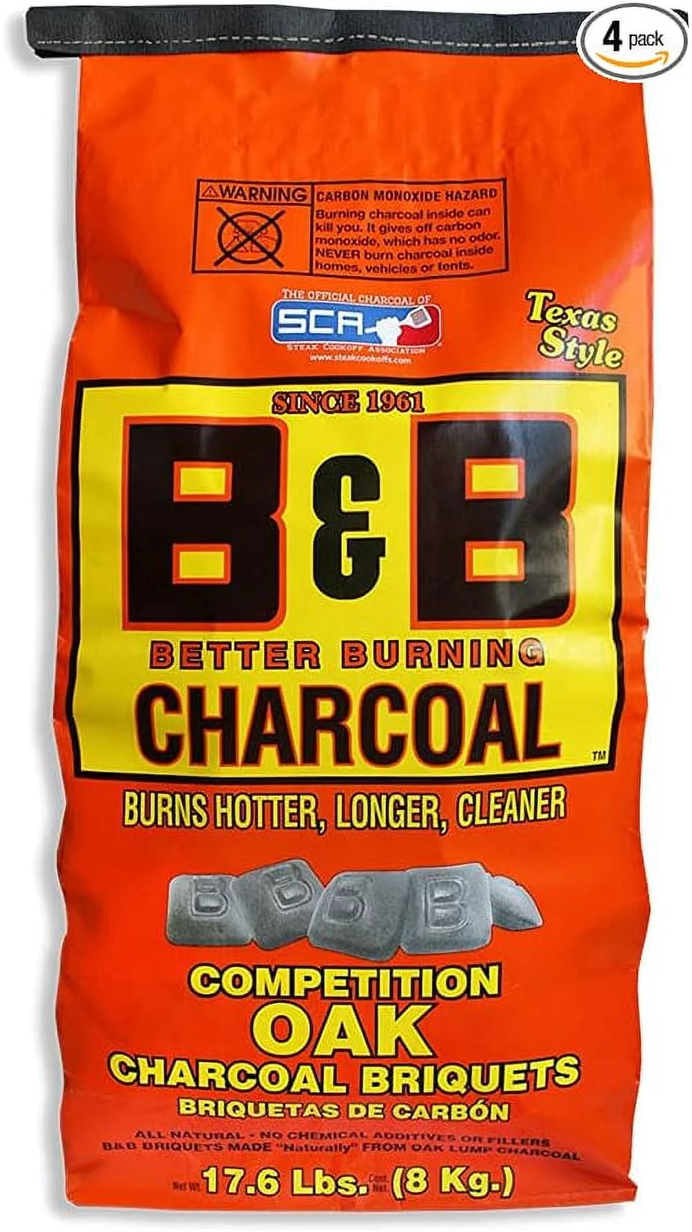 B&B Charcoal Slow Burning Oak Charcoal Briquettes with All Natural Smoky Flavoring for Grills, Barbecues, and Pitmaster Competitions, 17.6 Pounds - SET OF 4