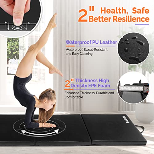 8' Folding Gymnastics Gym Exercise Aerobics Mat, 8ft x 2ft x 2in PU Leather Tumbling Mats with Hook & Loop Fastener for Stretching Yoga Cheerleading Martial Arts