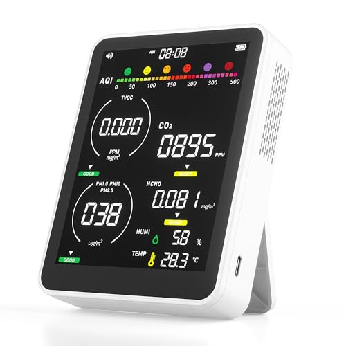 16-in-1 Air Quality Monitor Indoor, PM1.0 |PM2.5 |PM10 |TVOC |Humidity |Temperature |Time with Formaldehyde Detector, CO2 Monitor, Portable Air Quality Tester for Home (Ice White)