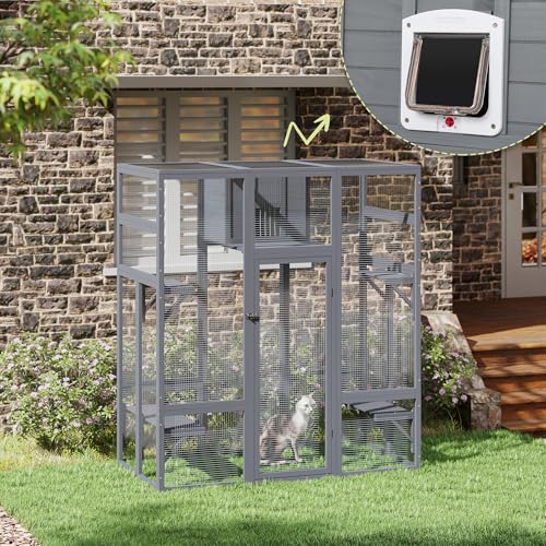 COZIWOW 70Inches Large Stable Spacious Wooden Catio Outdoor Cat Enclosure with Perches and Condos, Cat Cage Indoor with Waterproof Roof, 7 Platforms & 2 Resting Box, UV Resistant (Grey)