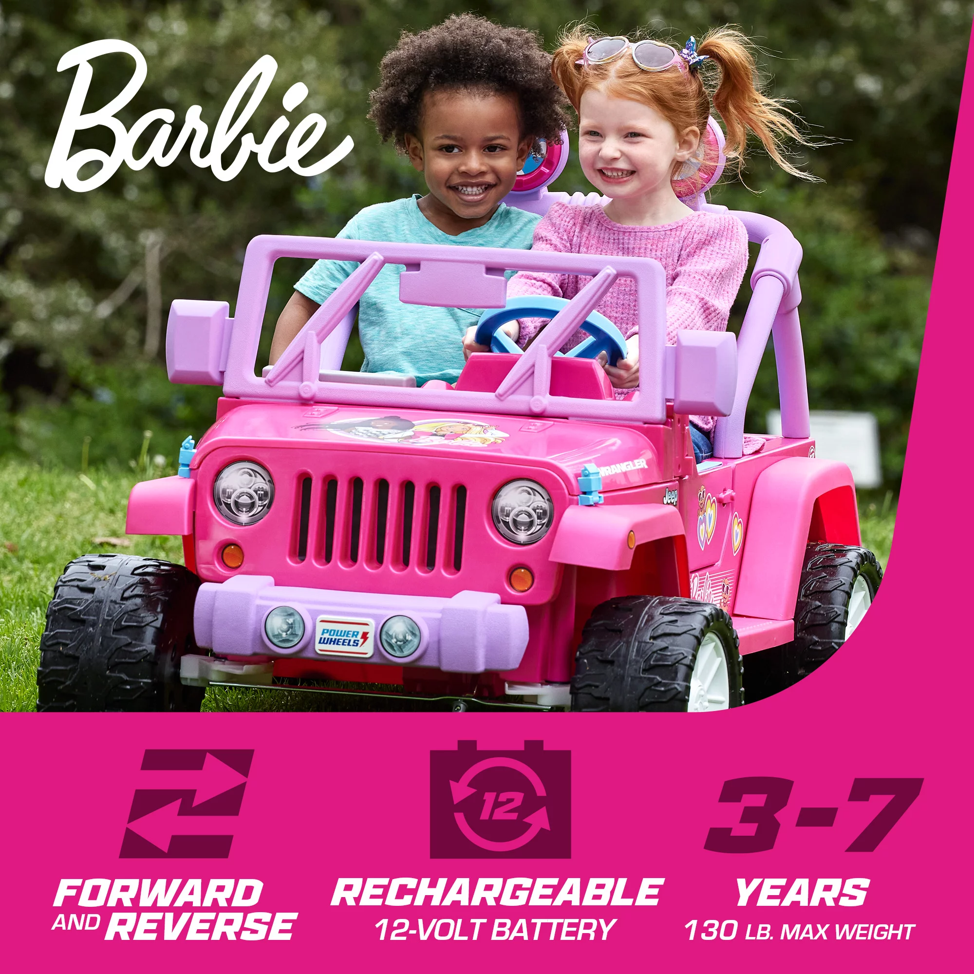 Power Wheels Barbie Jeep Wrangler Ride-On Toy with Music, Battery-Powered Preschool Toy