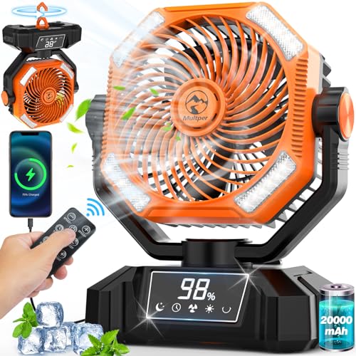 20000mAh Rechargeable Camping Fan, 5 Speed Powerful Battery Powered Fan for Camping, Oscillating Fan with LED Lantern, Portable with Timing Setting, Remote Control for Camping Hiking Fishing Jobsite