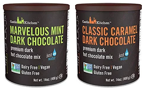 Castle Kitchen Natural Hot Chocolate Mix Variety Pack - Dairy-Free, Vegan Complete Mixes - Just Add Water - Pack of 2 (Classic Caramel Dark Chocolate & Marvelous Mint Dark Chocolate) 14 oz Each