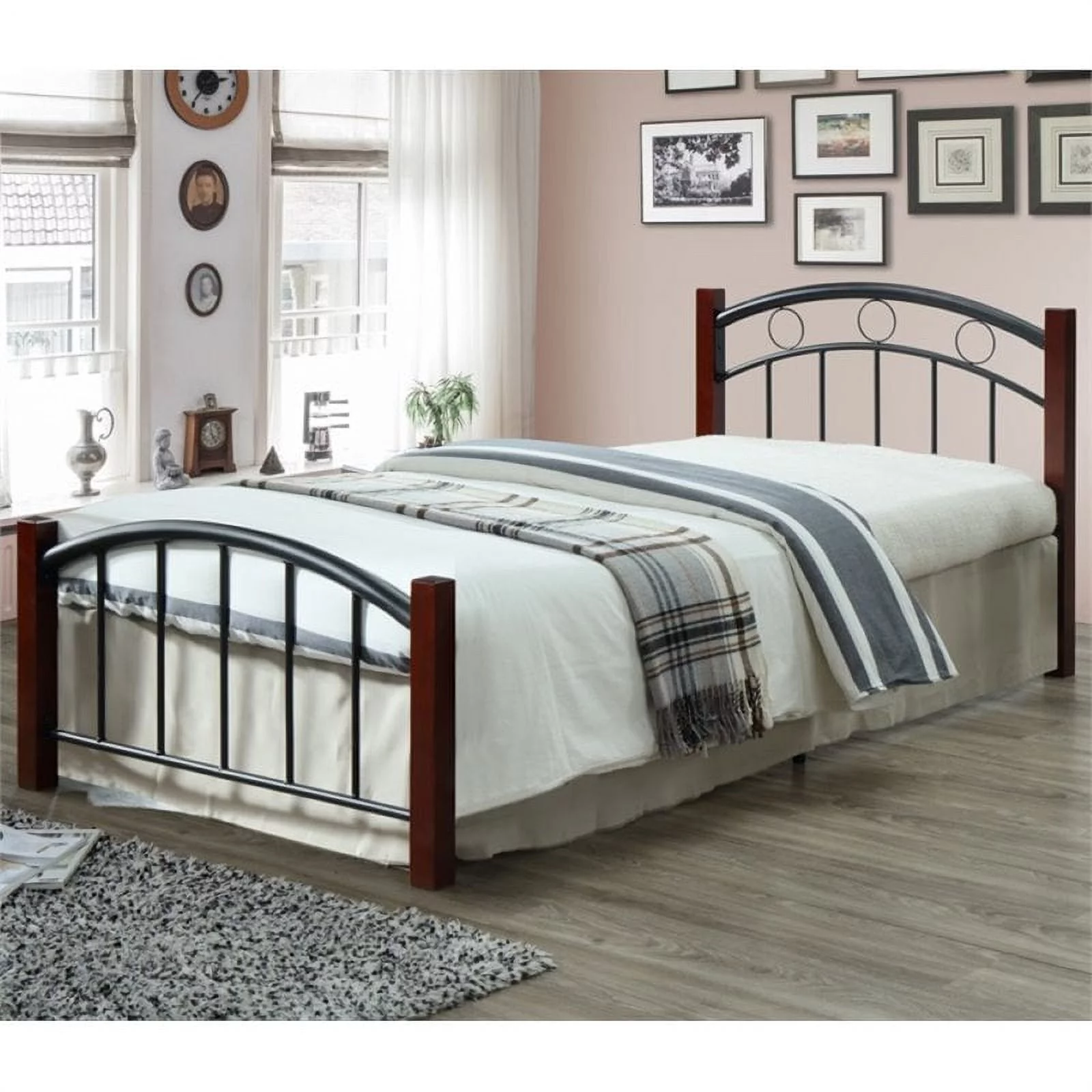 Pemberly Row Twin Metal Bed with Headboard and Footboard in Black and Mahogany