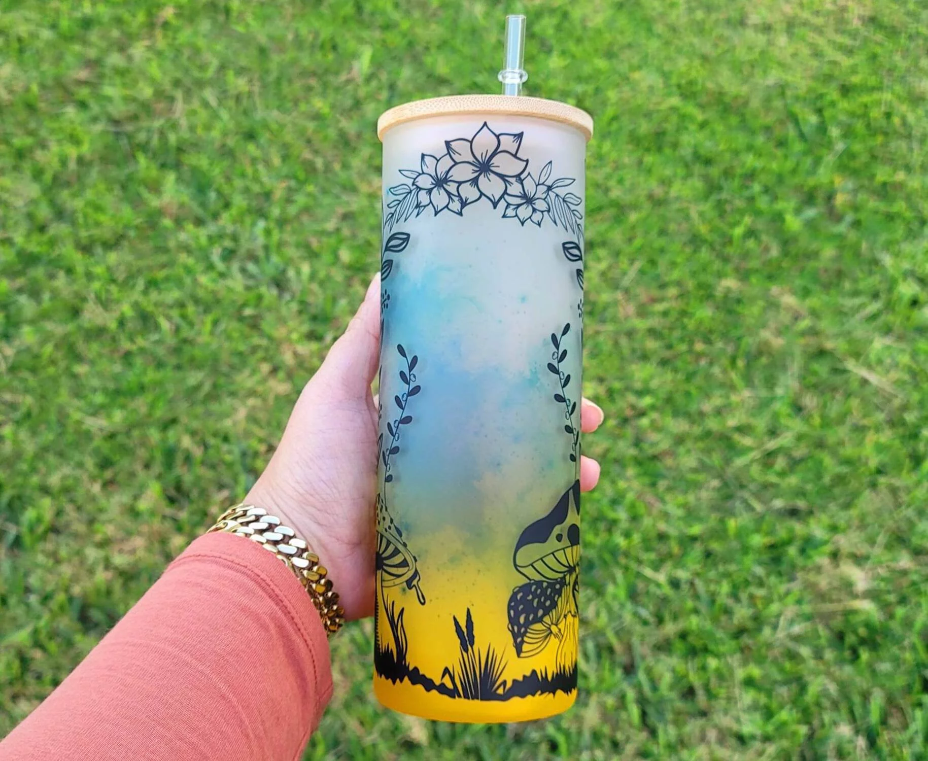 Mushroom Beer Can Glass | Boho Mushroom Coffee Glass | Aesthetic Coffee Glass | 24 oz