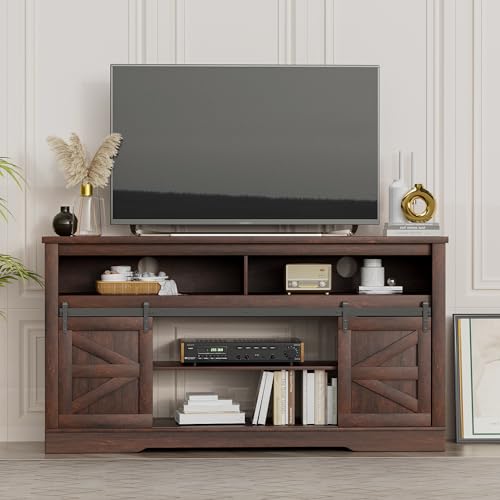 YESHOMY Farmhouse TV Stand for Televisions up to 65 Inches, Sliding Barn Doors and Storage Cabinets, Console Table and Media Furniture for Living Room, 58 Inch, Milk White