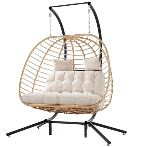SWITTE Double Egg Swing Chair with Stand, Outdoor Patio 2 Person Hanging Wicker Hammock Chairs with Cushion for Indoor Bedroom, Lawn, Garden-Dark Grey