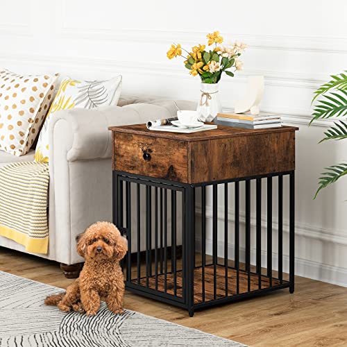 HOOBRO Dog Crate Furniture, Wooden Dog House, Decorative Dog Kennel with Drawer, Indoor Pet Crate End Table for Small Dog, Steel-Tube Puppy Cage, Chew-Proof, Greige BG01GW03