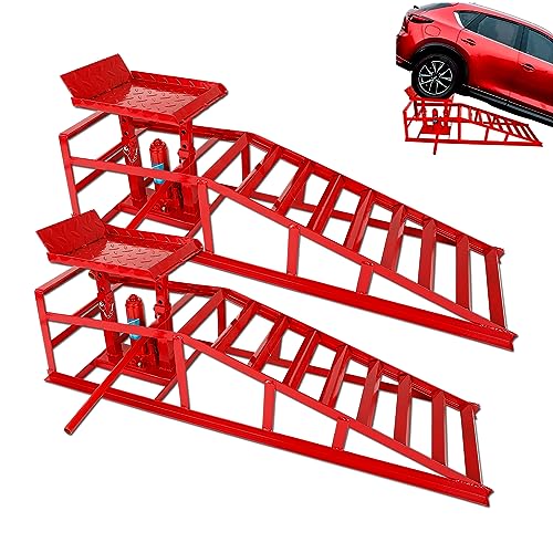 2 Pack Auto Car Truck Service Ramps, 5 Ton Low Profile Hydraulic Car Ramps, Car Lift Service Ramps Red