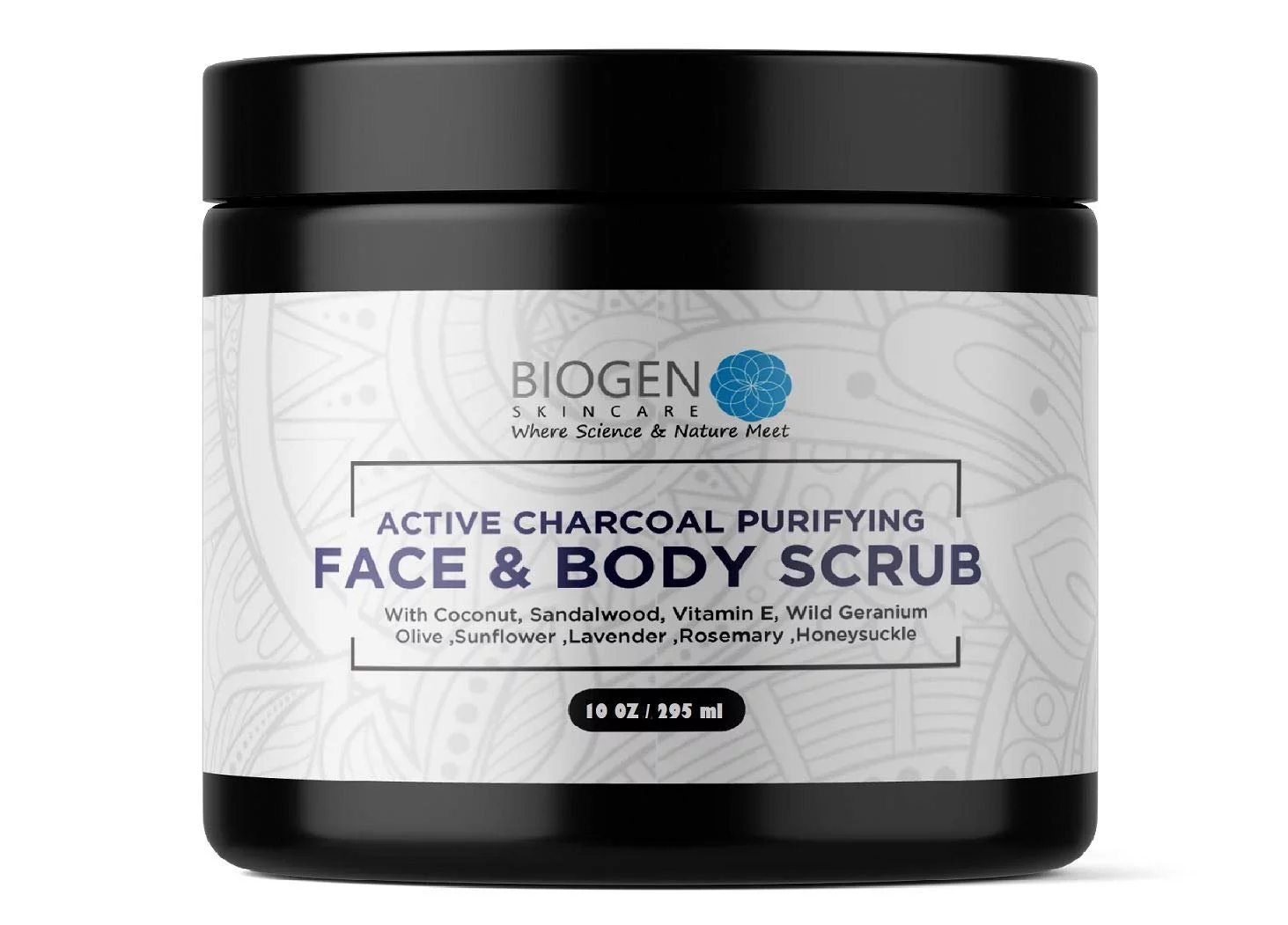 Active Charcoal Purifying Facial Organic Scrub - Best acne treatment for skin with Coconut, Sandalwood, Vitamin E, Wild Geranium 10 oz / 295ml
