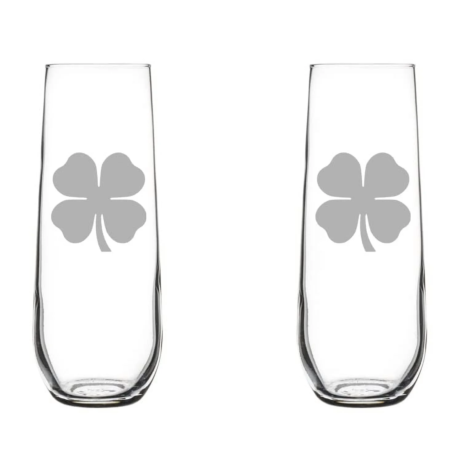 Set of 2 Glass Champagne Flutes Sparkling Wine Glasses 4 Leaf Clover Shamrock (8.5 oz Stemless)