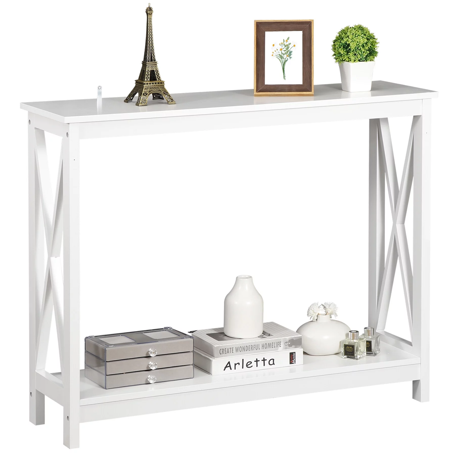 SuperDeal White Console Table 2-Tier MDF Entryway Table X-Design Storage Display Shelf Indoor