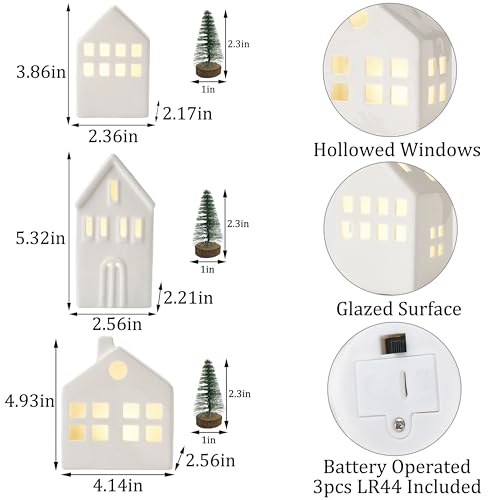 Ceramic White Christmas Village Houses, 3Pcs Light Up Small Porcelain Village House with 6Pcs Christmas Trees, LED Lighted Tabletop House Figurines for Home Decor, Winter Holiday DIY, Gift