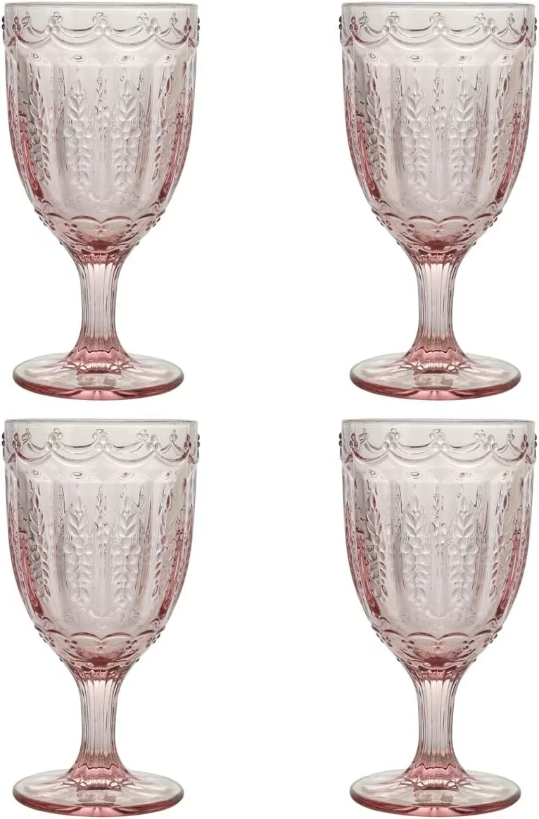 Elle Decor Set of 4 Wine Goblets Pink Colored Glassware Set Colored Wine Glasses, Vintage Glassware Sets, 10 oz