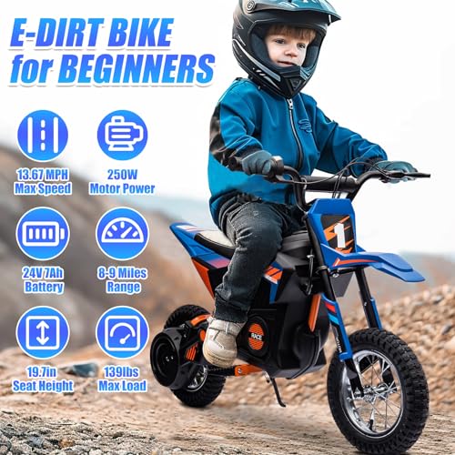 Electric Dirt Bike for Kids,24V Electric Motorcycle,13.67MPH Beginners Friendly,8-9 Miles Range,Power Display,Pneumatic Knobby Tires,Rear Spring Suspension,Chain Protective Cover (Blue)