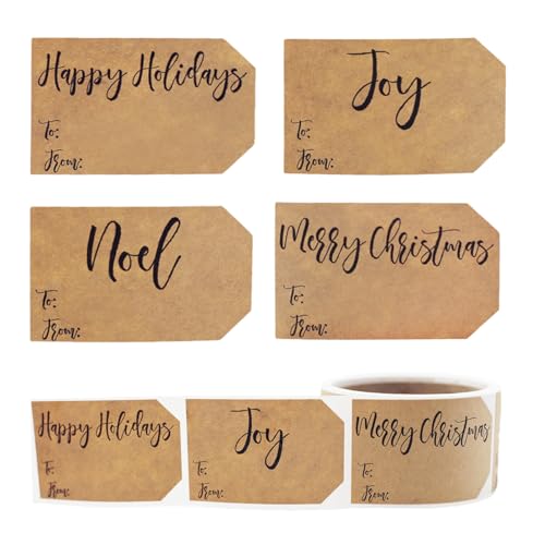Natural Kraft Charming Christmas Holiday Gift Tag Stickers 2 x 3 Inch 100 Total Labels