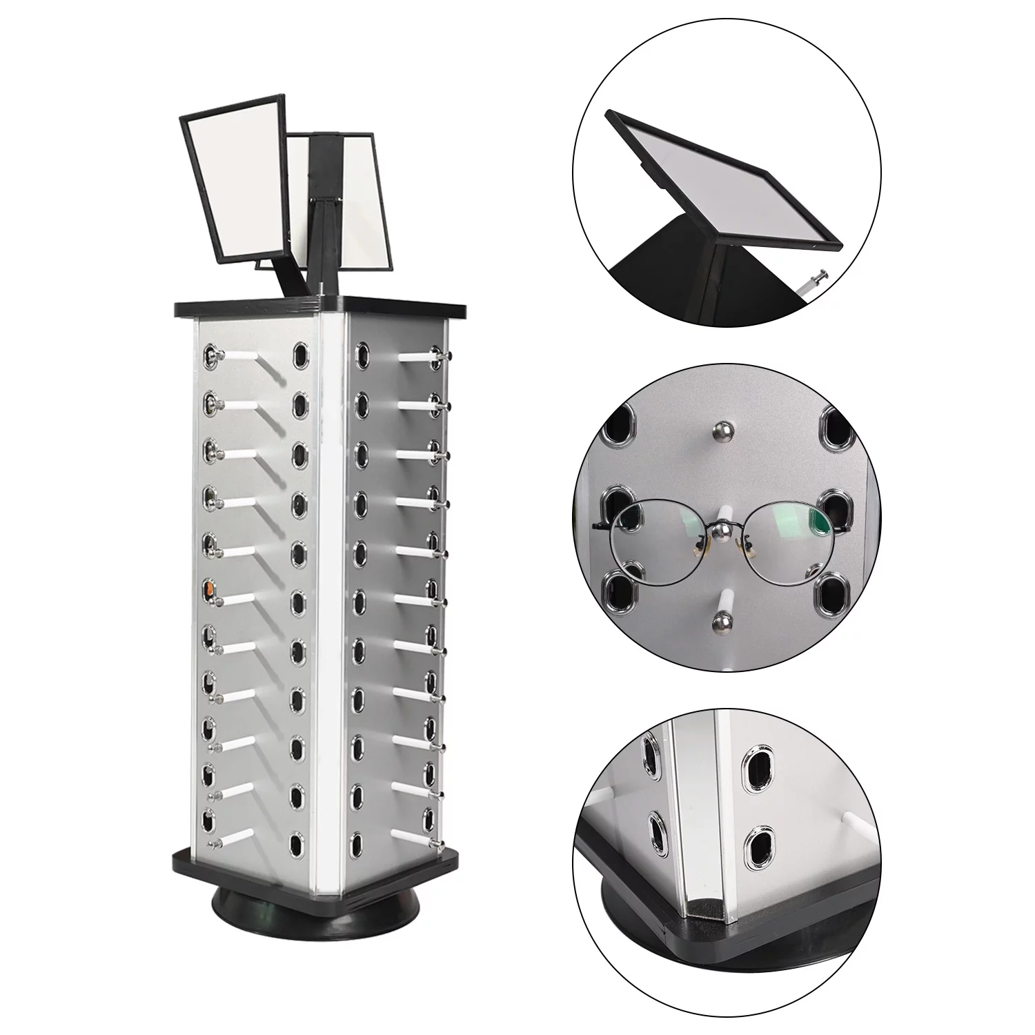 Uyoyous 360° Rotating Sunglass Display Stand Rack, 44 Pairs Square Glasses Holder with Two Mirrors