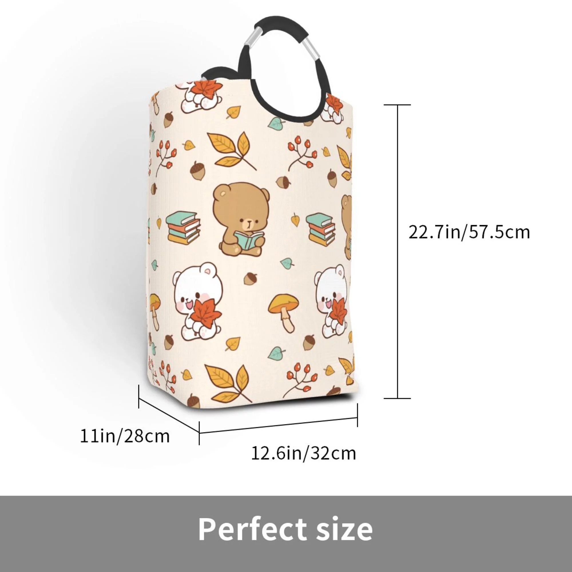 TEQUAN 50L Large Rectangular Laundry Hamper with Aluminum Handles, Cartoon Bear Animal Prints Waterproof Foldable Dirty Clothes Basket