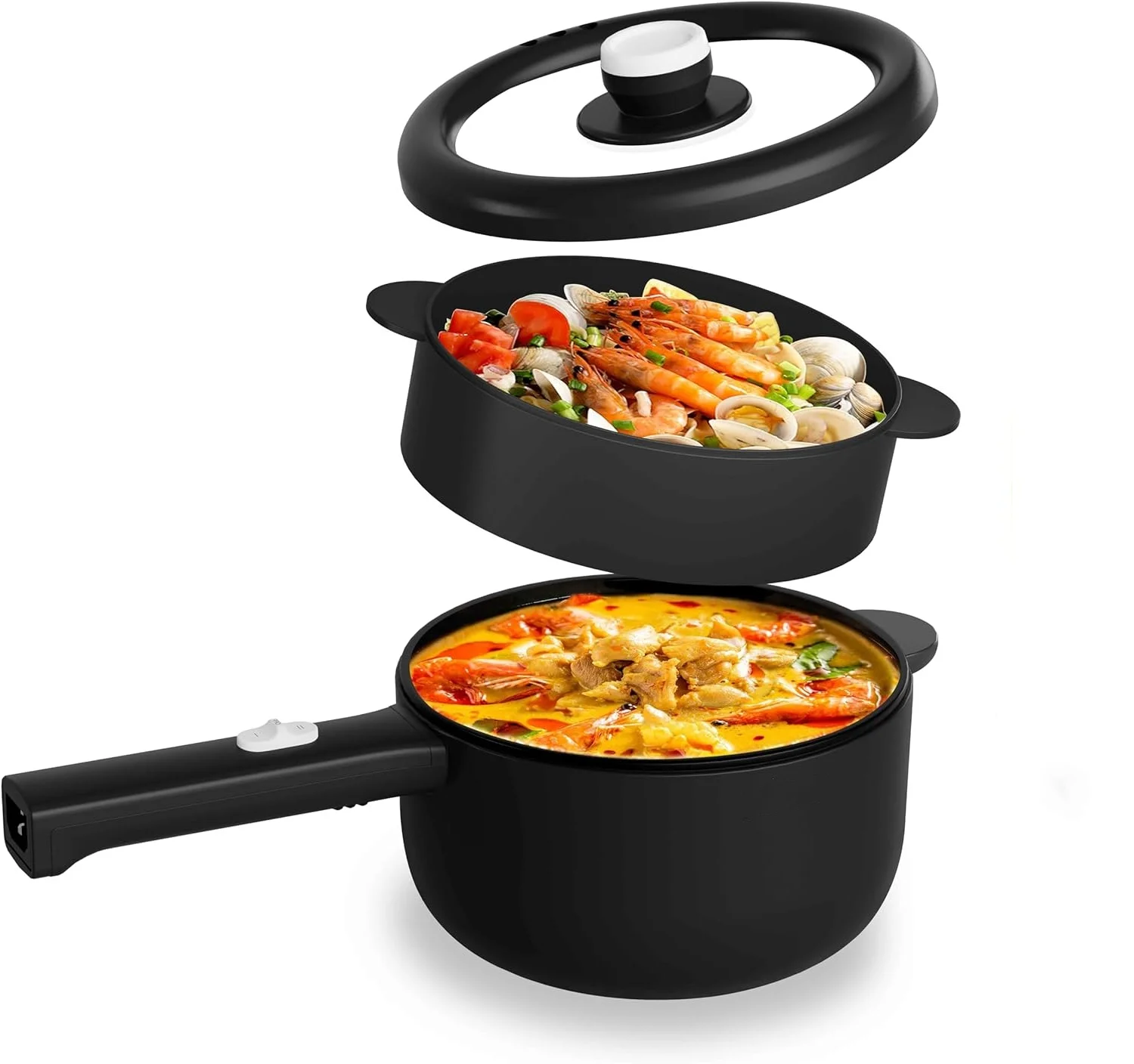 2L Non-Stick Sauté Pan, Rapid Noodles Cooker, Mini Pot for Steak, Egg, Fried Rice, Ramen, Oatmeal, Soup with Power Adjustment, College Dorm Room Essential