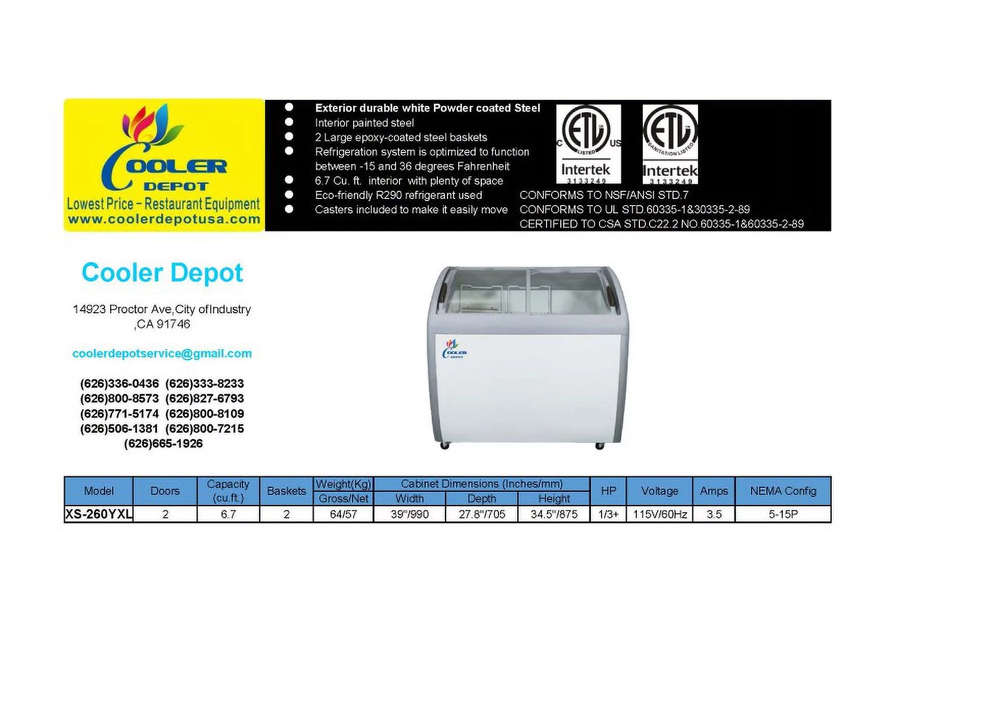 NSF 39 ins ice cream freezer XS-260YXL