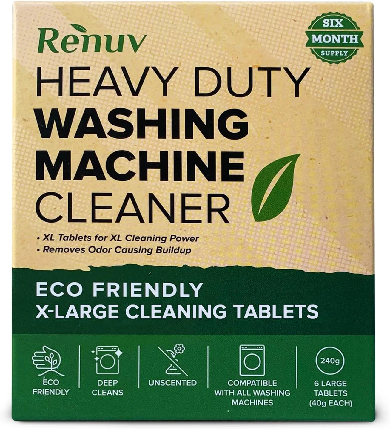 Renuv Washing Machine Cleaner For Front Load, Top Load or HE, Slow Dissolving Huge 40g Eco Friendly Tablets For Maximum Effect Deep Clean Your Washer Where Others Fail