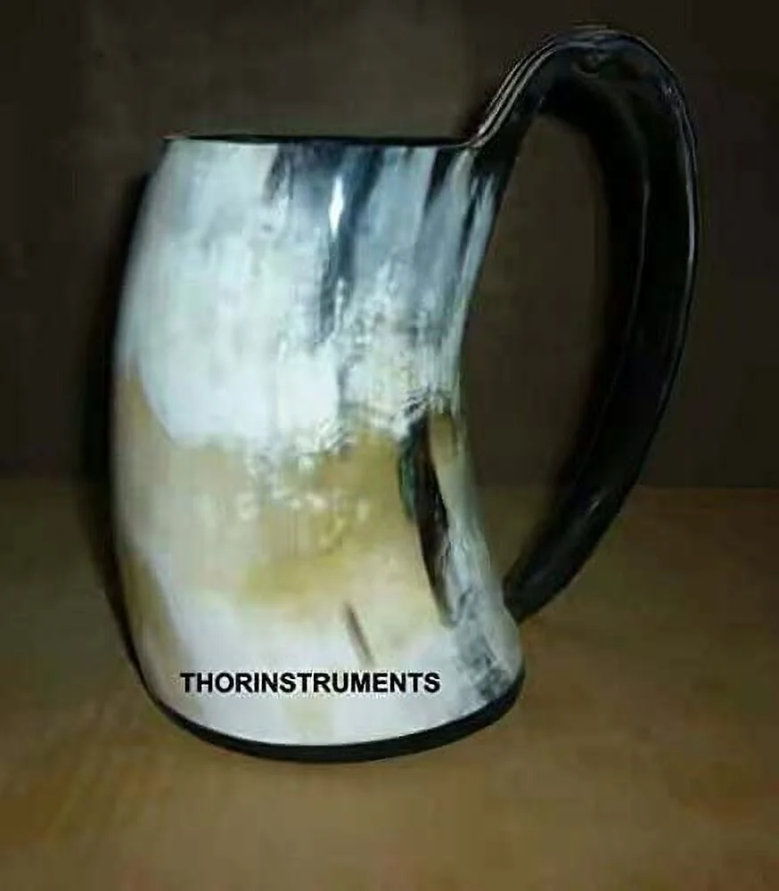 Buffalo Horn Mug Beer Beaker Stein, Tumbler Viking Drinking Cup with Handle