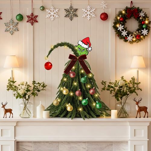 MACTING Norfolk Pine Christmas Tree with 40 Lights & Hanging Ornaments 12 INCH Whimsical Small Table Top Tree Mini Bendable Curved Tree for Fireplace Desktop Office Party Indoor Xmas Decorations