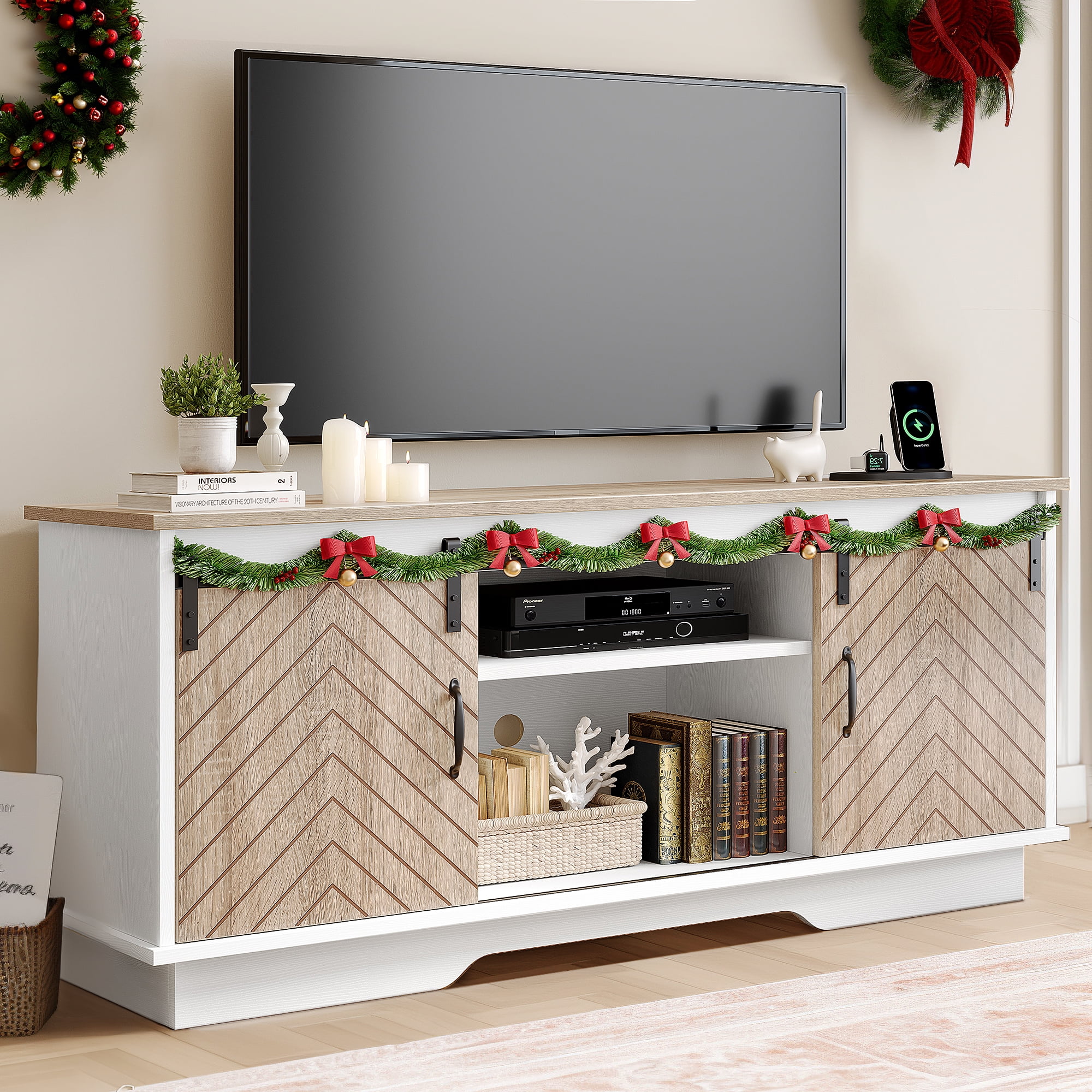 DWVO Farmhouse TV Stand for TVs up to 65 inch, Wood Entertainment Center W/ Outlets & USB Ports, Media Console Cabinet, Oak