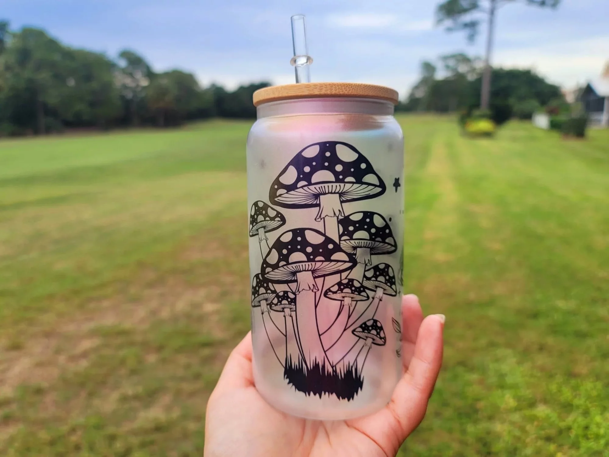 Mushroom Beer Can Glass | Boho Mushroom Coffee Glass | Aesthetic Coffee Glass | 16 oz