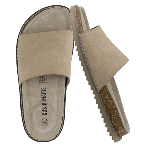 CUSHIONAIRE Ritual Women’s Slide Sandal – Suede Slip-On with Cork Footbed, Contoured Insole & Flexible Lightweight Outsole
