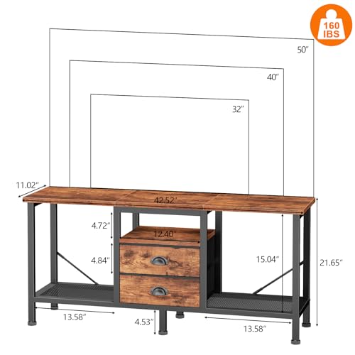 Furologee TV Stand with Power Outlets and 2 Fabric Drawers, 42 Inch Small Entertainment Center with Open Storage Shelves, Simple TV Console Table for Bedroom, Living Room, Rustic Brown