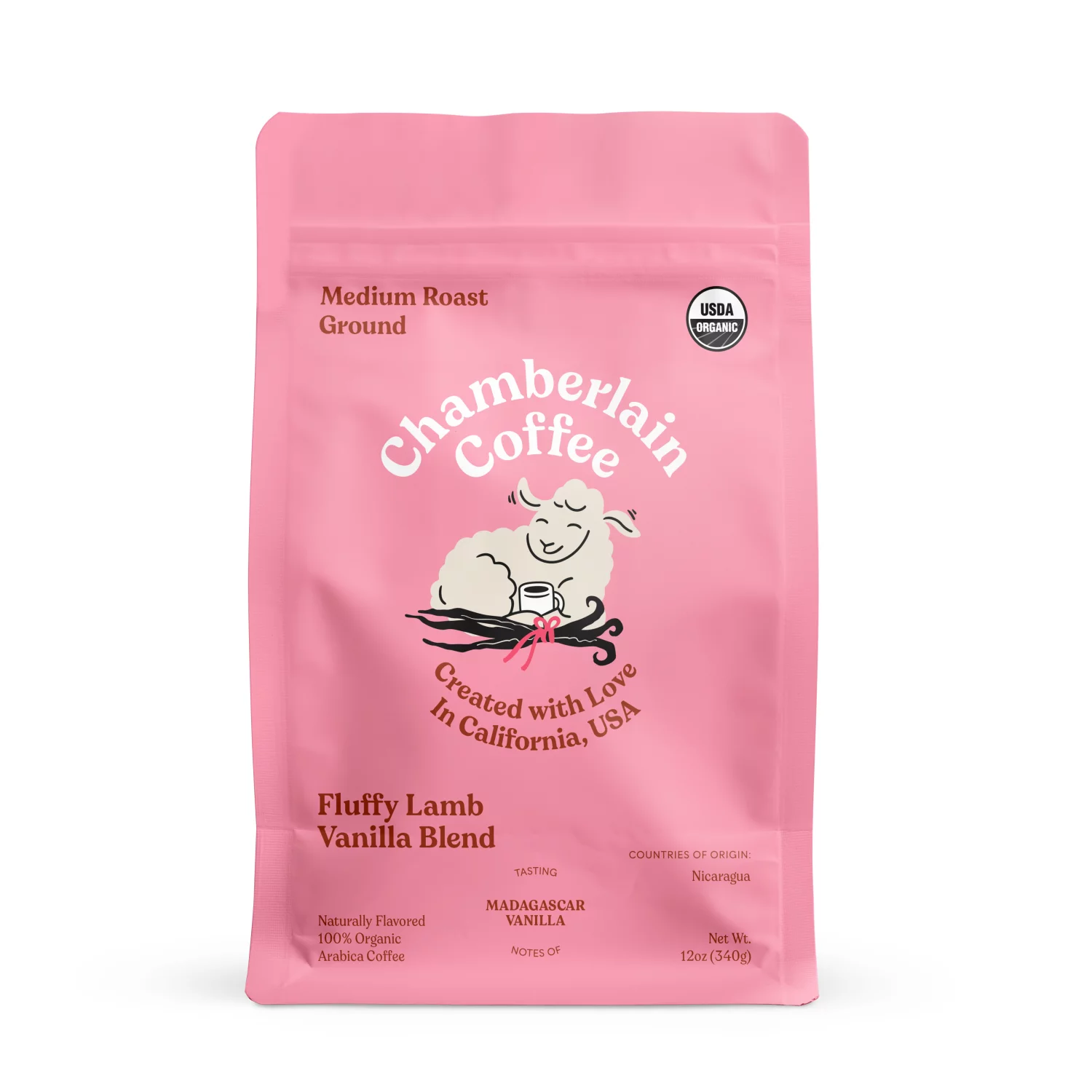 (2 pack) Chamberlain Coffee, Fluffy Lamb Vanilla Medium Roast Grounds Bag, Naturally Caffeinated, 12 oz