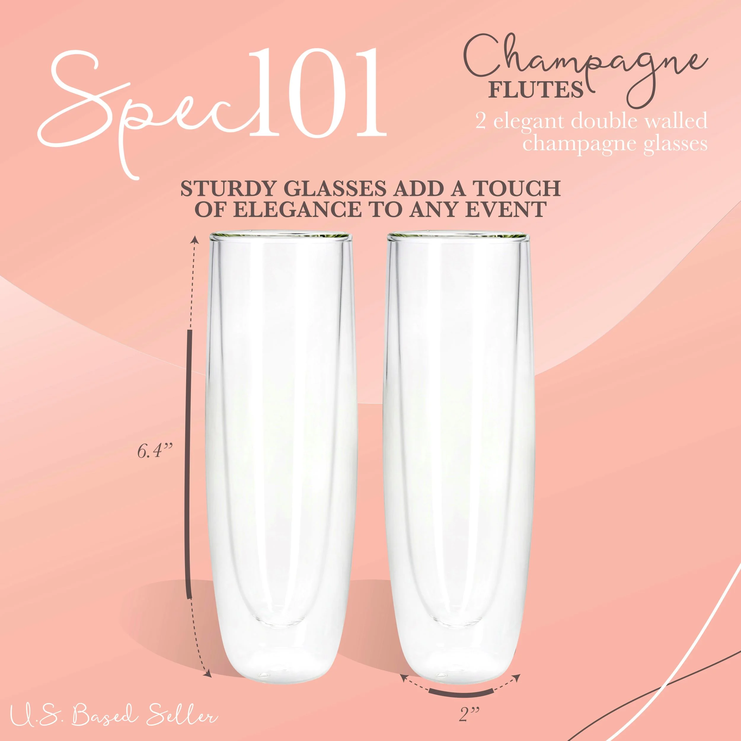 Spec101 Glass Champagne Flutes - Double Wall 5oz Glass Stemless Champagne Flutes