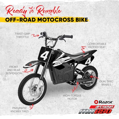 Razor MX650 Dirt Rocket Off-Road Motocross Bike–36V Electric Ride-On, Up to 17 mph, Front & Rear Suspension, Hand-Operated DualBrakes, Twist Grip Throttle, Authentic Motocross Bike Geometry