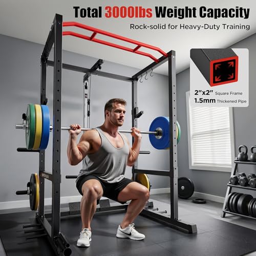 Sportsroyals Power Cage,1600lbs Multi-Function Power Rack with Adjustable Cable Crossover System and More Training Attachment, Weight Cage for Home Gym